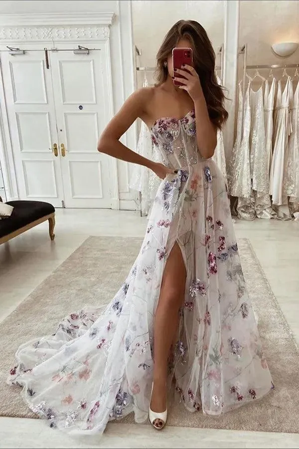 A-line Colorful Sweetheart Floral Prom Dress With Lace Applique PSK334