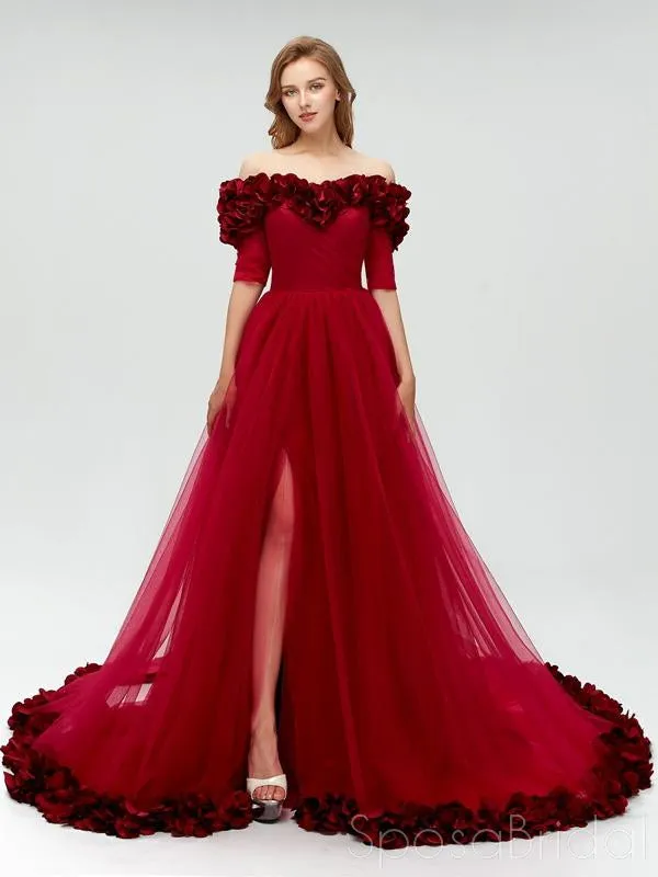 A Line Off The Shoulder Burgundy Tulle Prom Dresses With Appliques Split, Evening Dress, PD1128