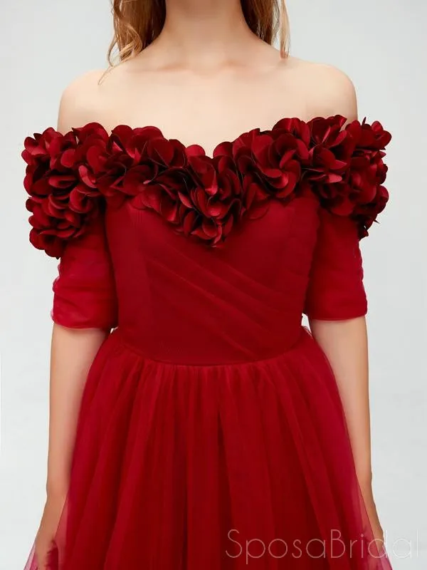A Line Off The Shoulder Burgundy Tulle Prom Dresses With Appliques Split, Evening Dress, PD1128