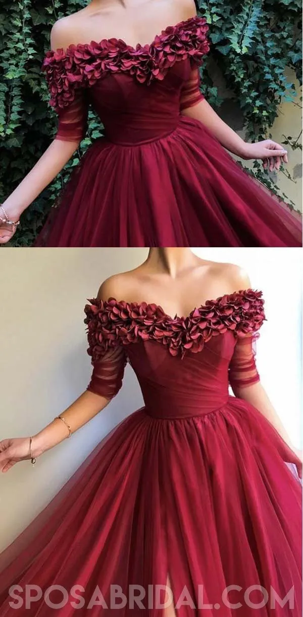 A Line Off The Shoulder Burgundy Tulle Prom Dresses With Appliques Split, Evening Dress, PD1128