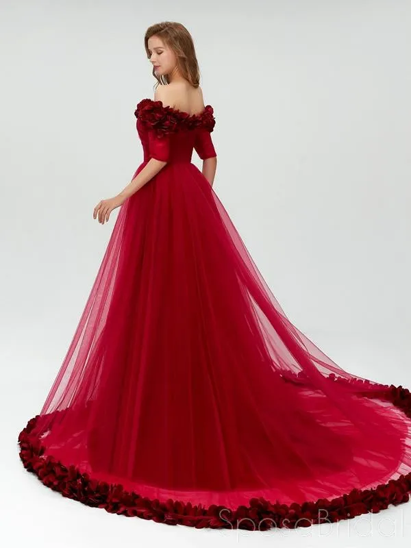 A Line Off The Shoulder Burgundy Tulle Prom Dresses With Appliques Split, Evening Dress, PD1128