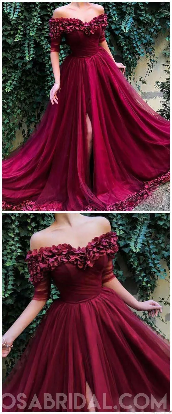 A Line Off The Shoulder Burgundy Tulle Prom Dresses With Appliques Split, Evening Dress, PD1128