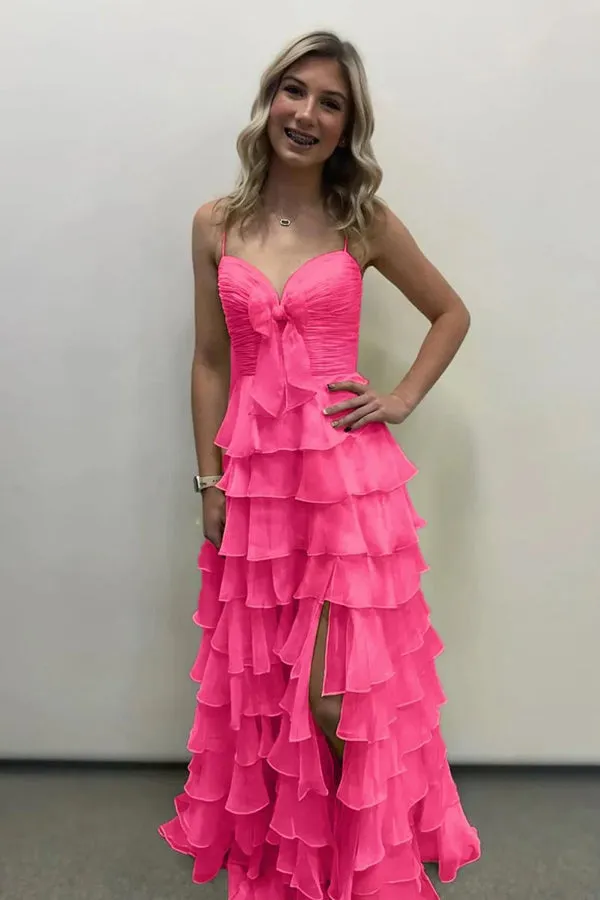 A Line Spaghetti Straps Ruffles Yellow Prom Dress with Flower PSK706