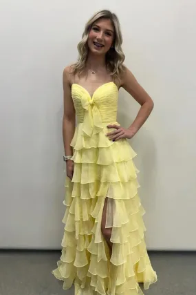A Line Spaghetti Straps Ruffles Yellow Prom Dress with Flower PSK706