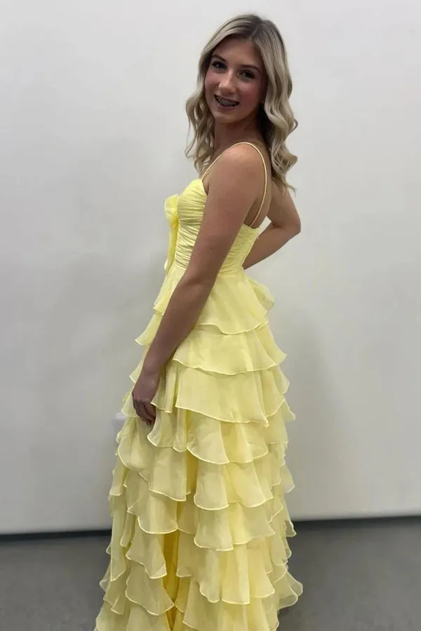 A Line Spaghetti Straps Ruffles Yellow Prom Dress with Flower PSK706