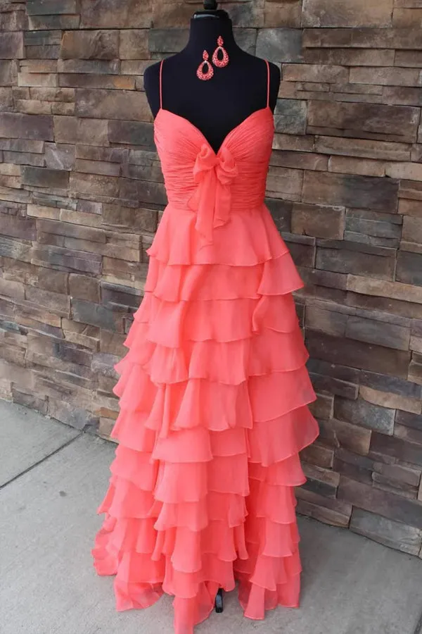 A Line Spaghetti Straps Ruffles Yellow Prom Dress with Flower PSK706