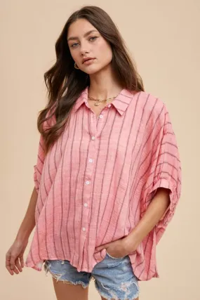 Annie Wear Striped Button Up Half Sleeve Shirt In Pink