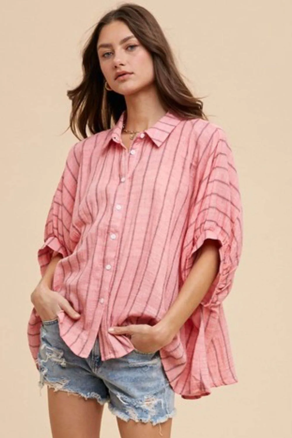 Annie Wear Striped Button Up Half Sleeve Shirt In Pink