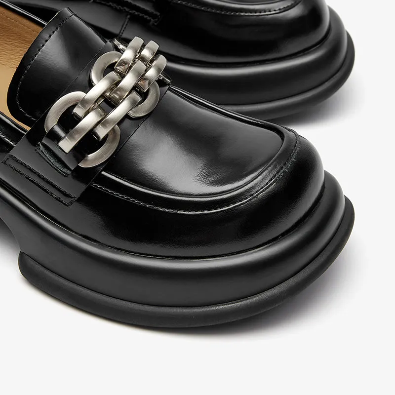 BeauToday Round Toe Metal Chain Leather Loafers for Women