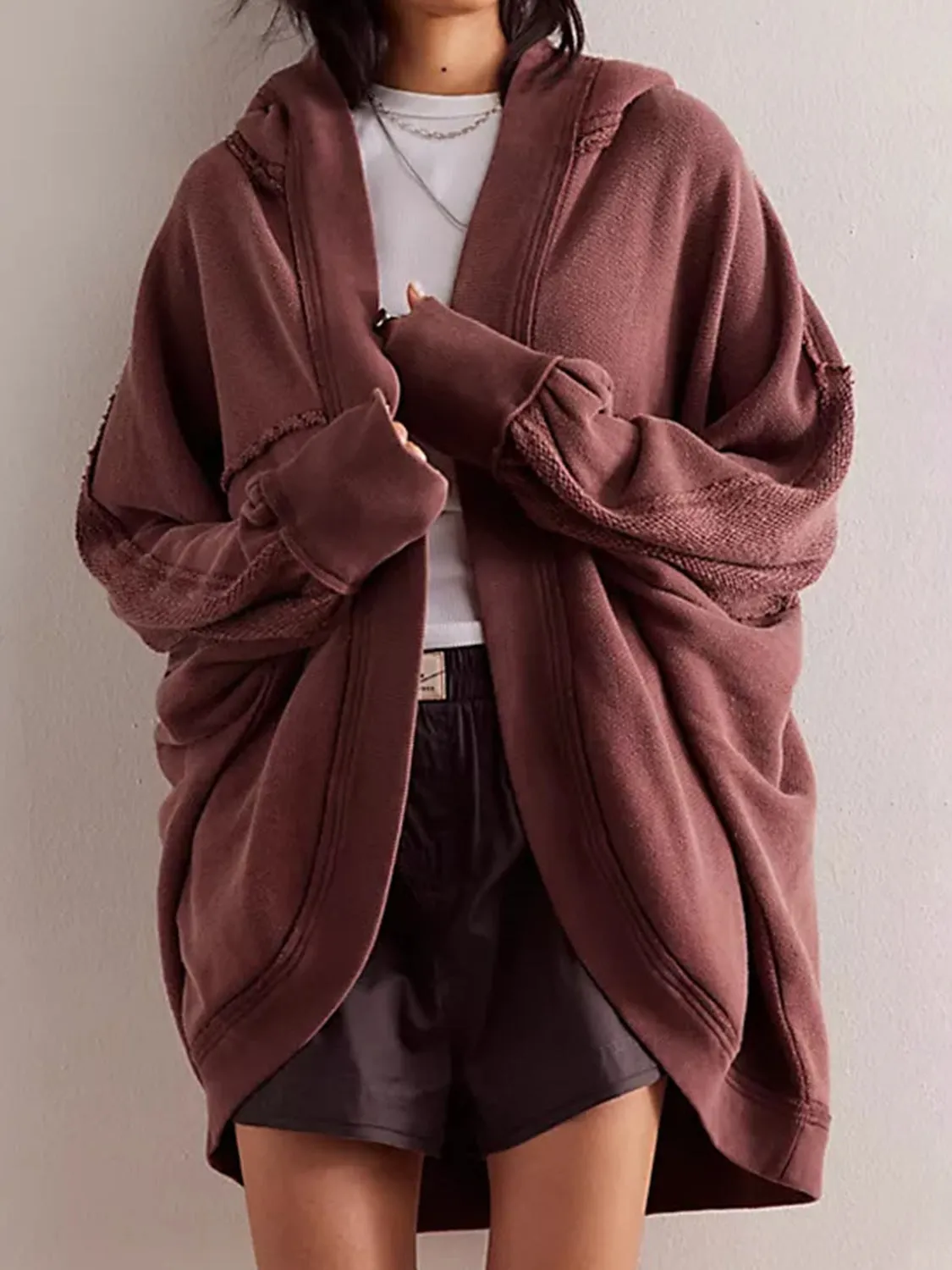 Blue Zone Planet |  Exposed Seam Open Front Batwing Sleeve Hooded Cardigan