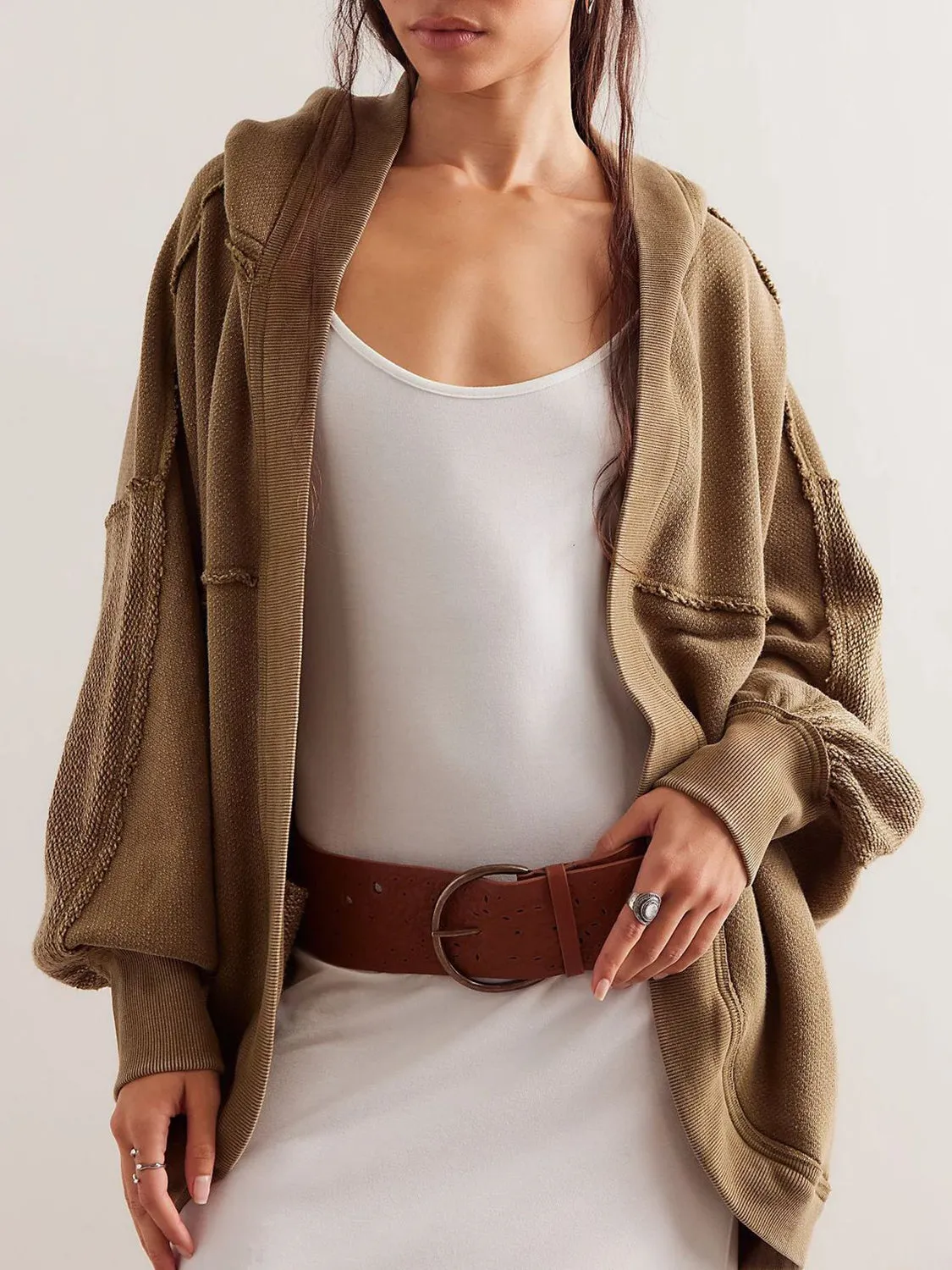 Blue Zone Planet |  Exposed Seam Open Front Batwing Sleeve Hooded Cardigan