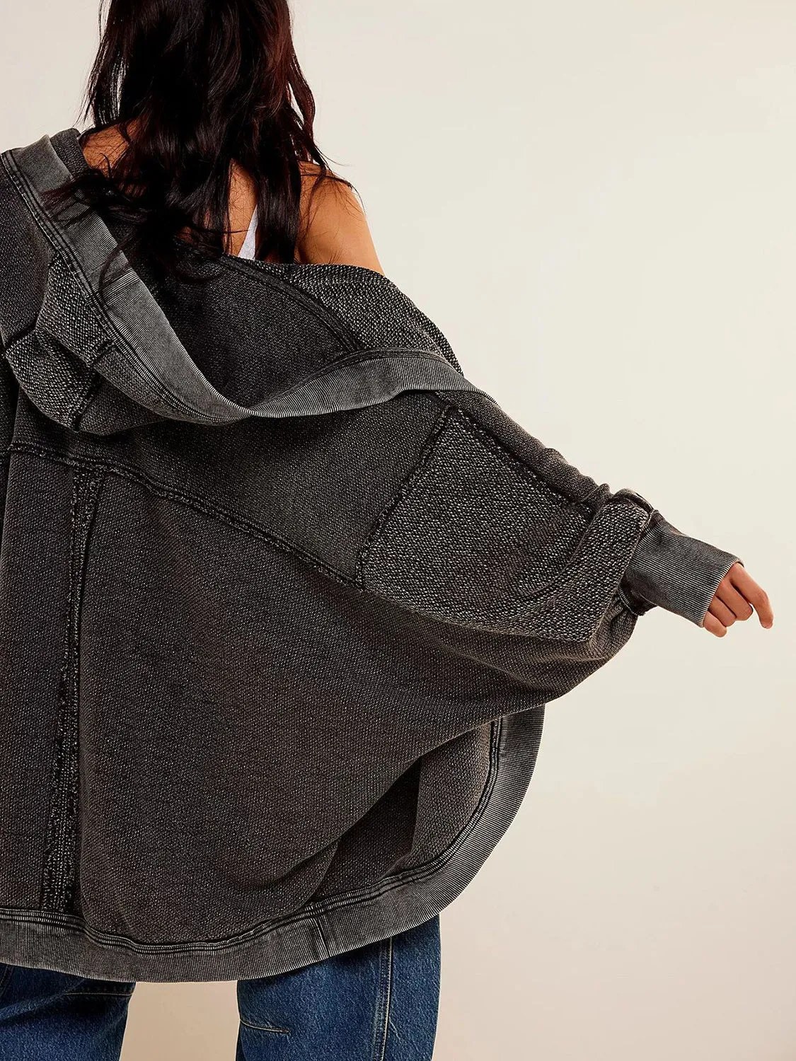 Blue Zone Planet |  Exposed Seam Open Front Batwing Sleeve Hooded Cardigan