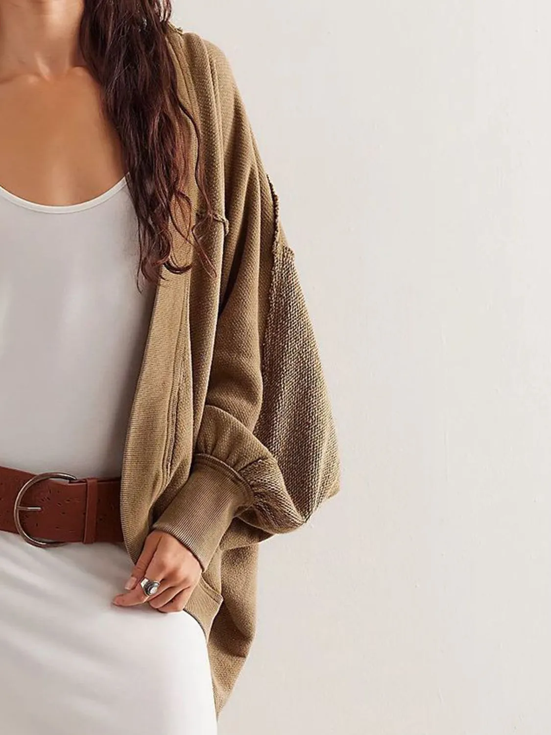 Blue Zone Planet |  Exposed Seam Open Front Batwing Sleeve Hooded Cardigan
