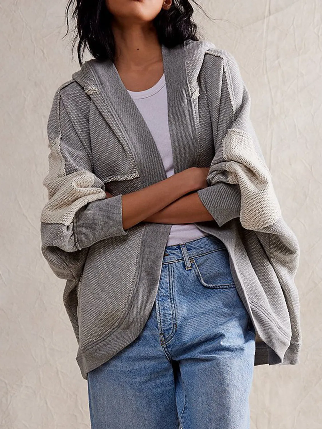 Blue Zone Planet |  Exposed Seam Open Front Batwing Sleeve Hooded Cardigan