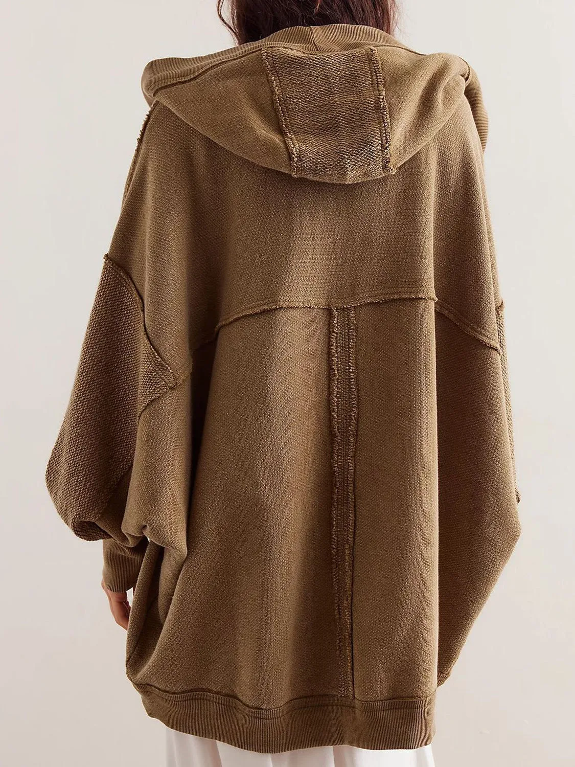 Blue Zone Planet |  Exposed Seam Open Front Batwing Sleeve Hooded Cardigan