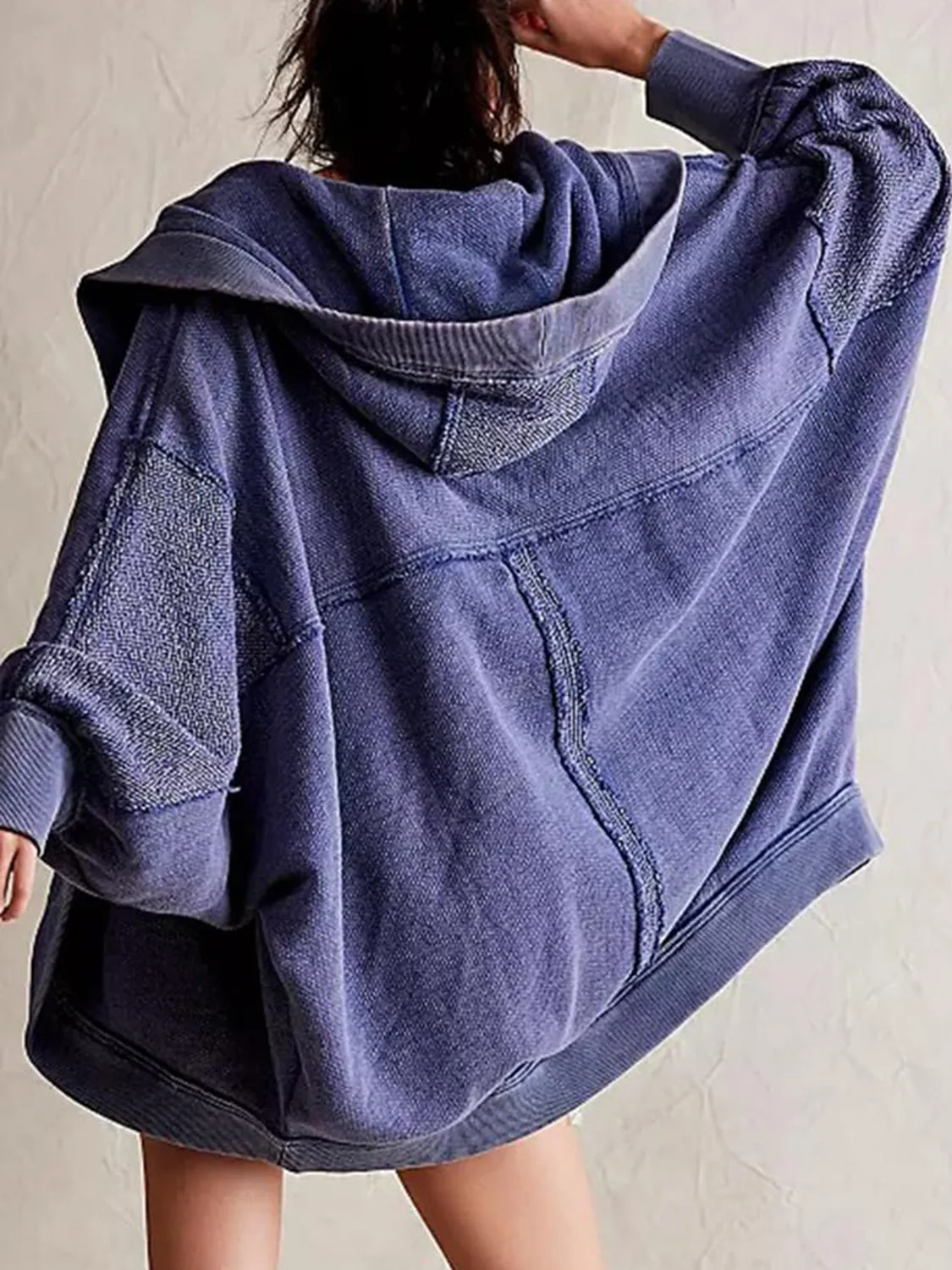 Blue Zone Planet |  Exposed Seam Open Front Batwing Sleeve Hooded Cardigan