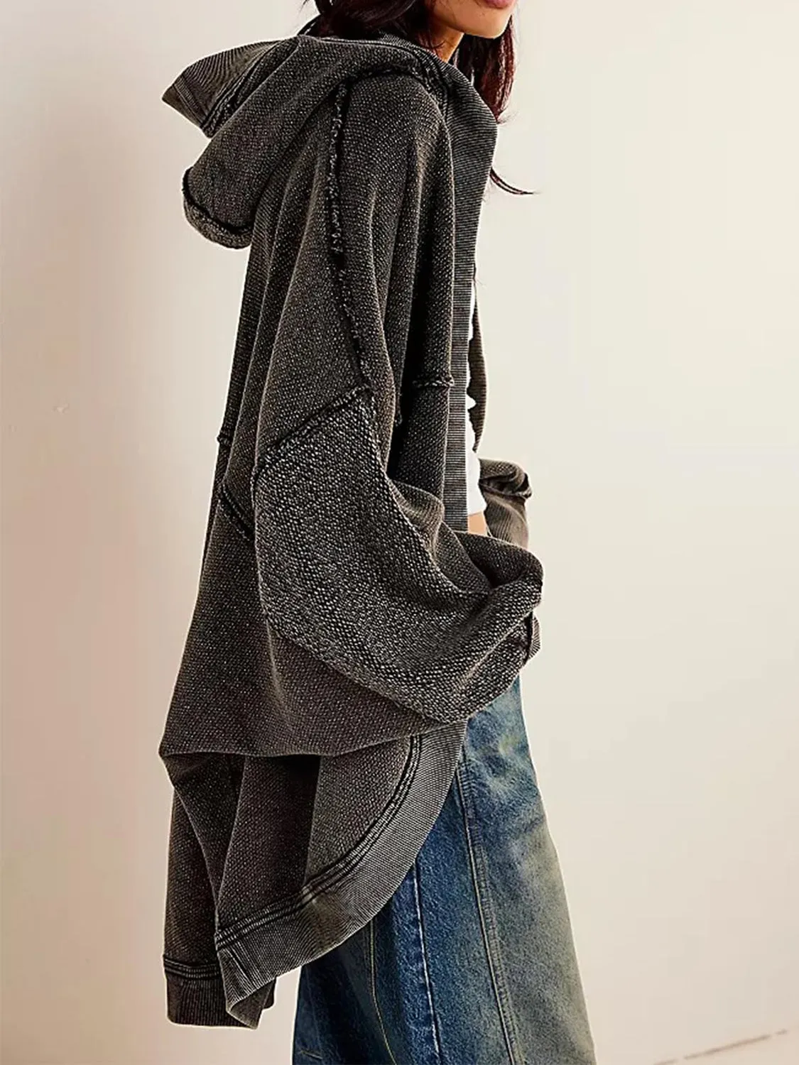 Blue Zone Planet |  Exposed Seam Open Front Batwing Sleeve Hooded Cardigan
