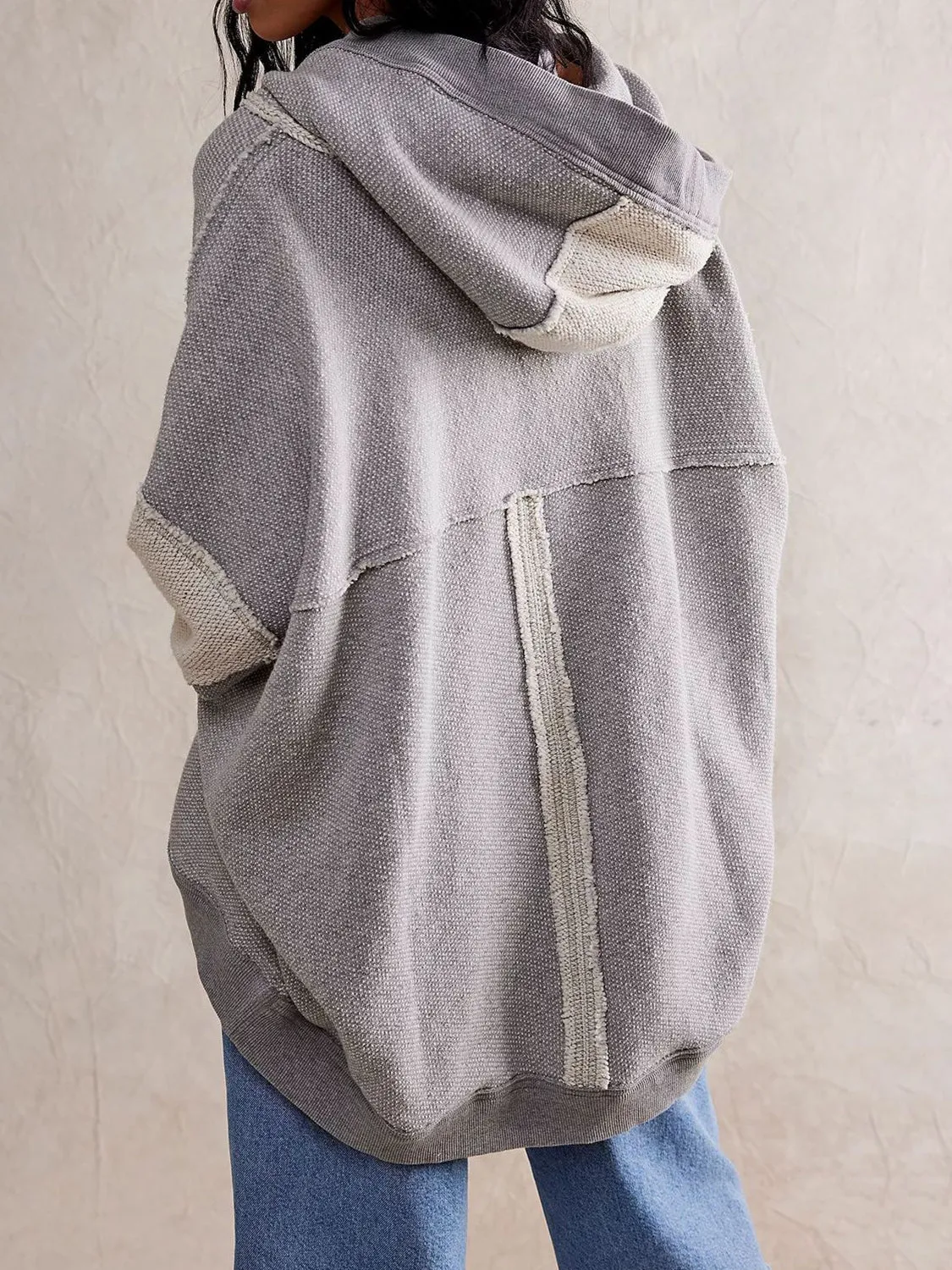 Blue Zone Planet |  Exposed Seam Open Front Batwing Sleeve Hooded Cardigan