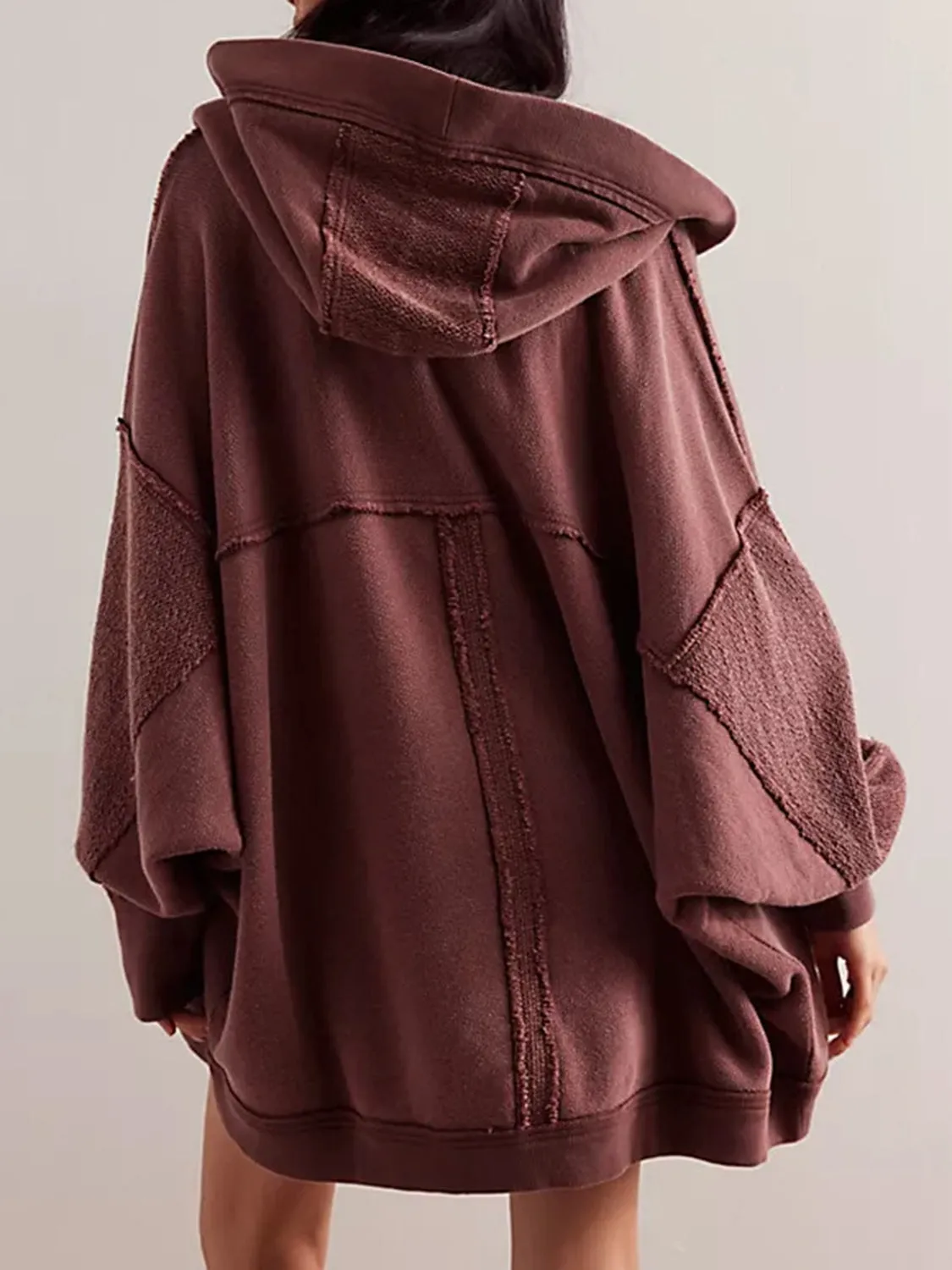 Blue Zone Planet |  Exposed Seam Open Front Batwing Sleeve Hooded Cardigan