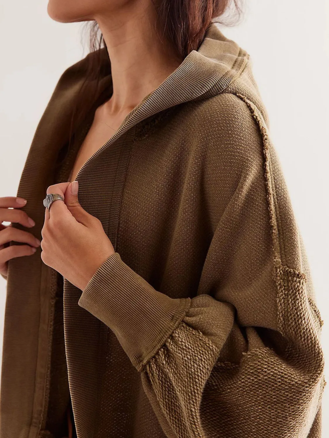 Blue Zone Planet |  Exposed Seam Open Front Batwing Sleeve Hooded Cardigan