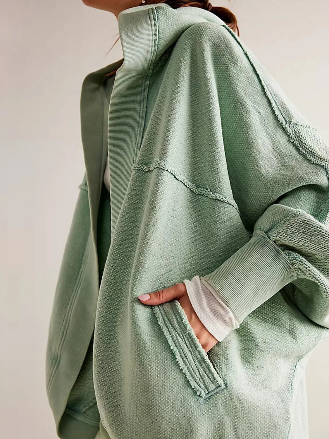 Blue Zone Planet |  Exposed Seam Open Front Batwing Sleeve Hooded Cardigan