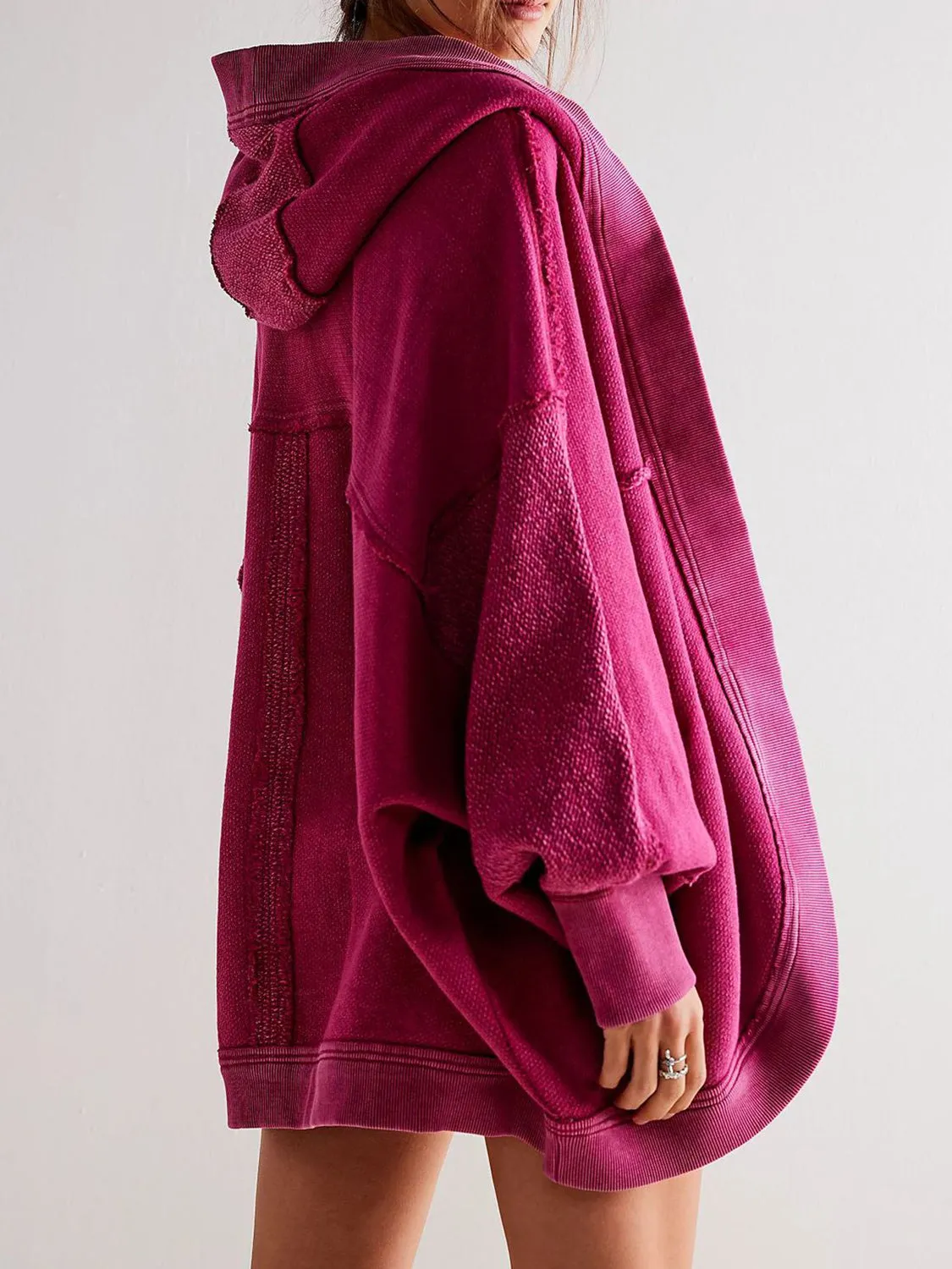 Blue Zone Planet |  Exposed Seam Open Front Batwing Sleeve Hooded Cardigan