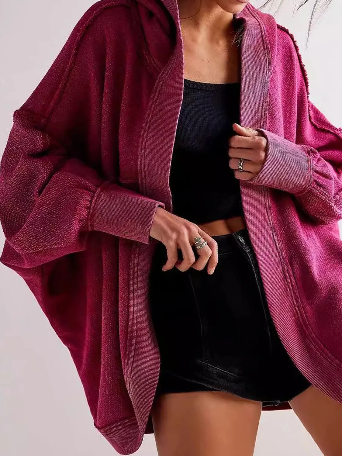 Blue Zone Planet |  Exposed Seam Open Front Batwing Sleeve Hooded Cardigan