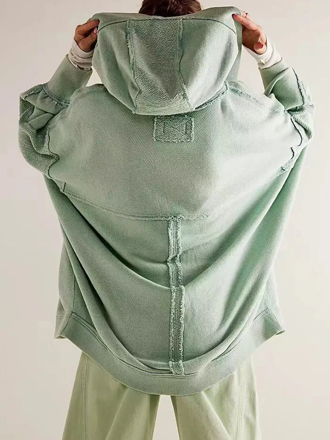 Blue Zone Planet |  Exposed Seam Open Front Batwing Sleeve Hooded Cardigan