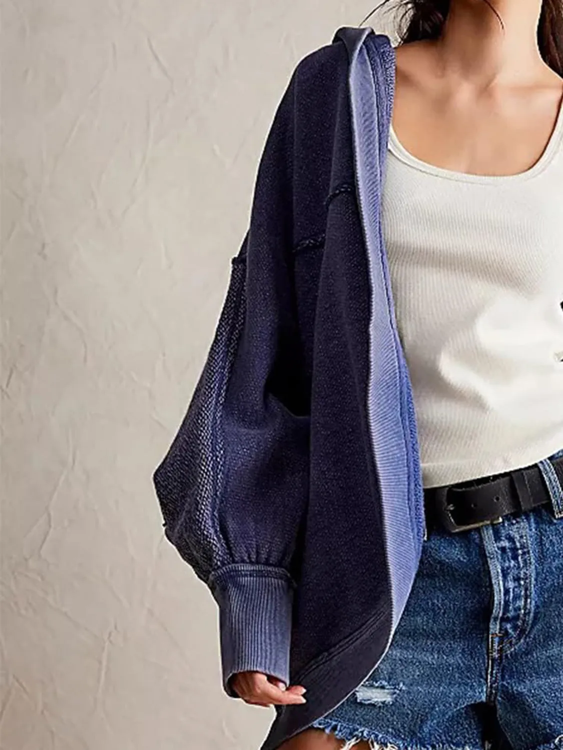 Blue Zone Planet |  Exposed Seam Open Front Batwing Sleeve Hooded Cardigan