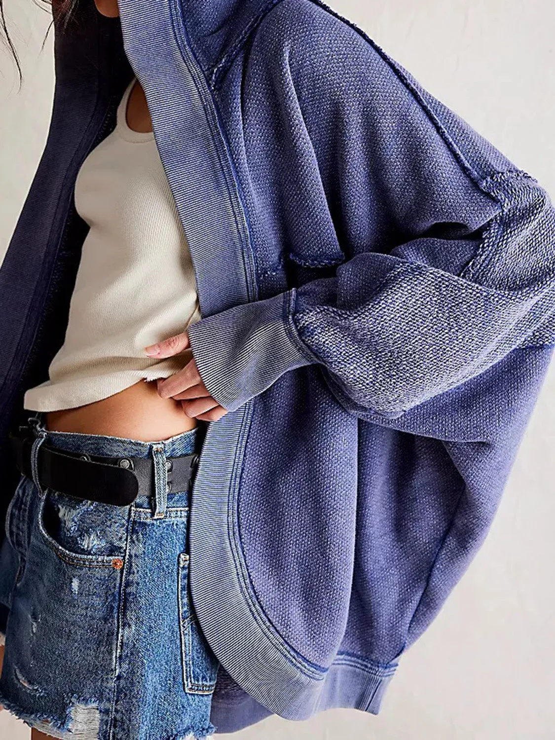 Blue Zone Planet |  Exposed Seam Open Front Batwing Sleeve Hooded Cardigan