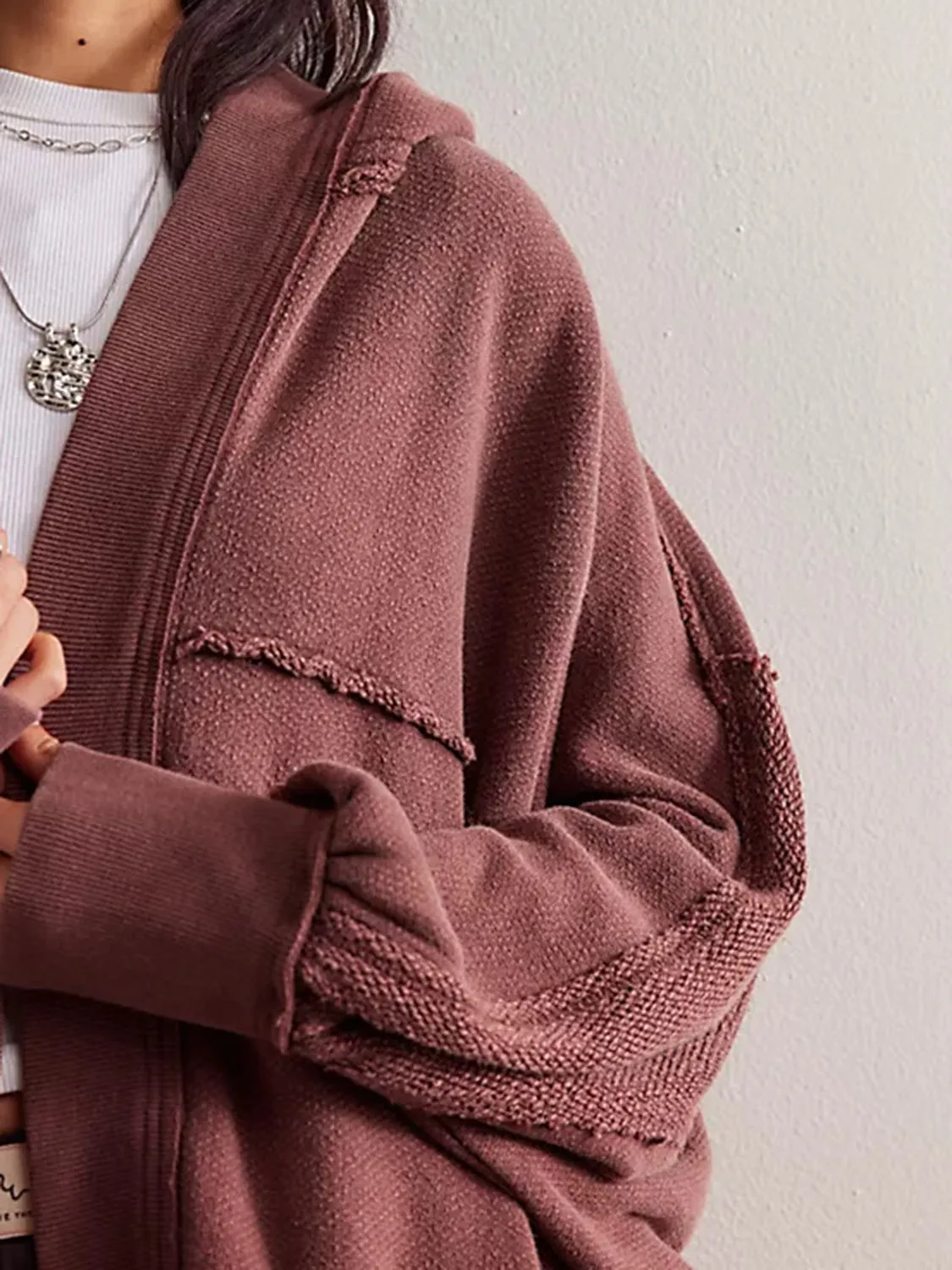 Blue Zone Planet |  Exposed Seam Open Front Batwing Sleeve Hooded Cardigan