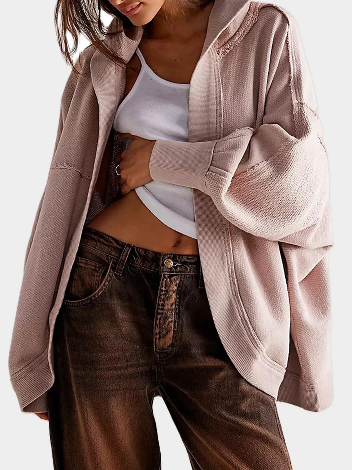Blue Zone Planet |  Exposed Seam Open Front Batwing Sleeve Hooded Cardigan