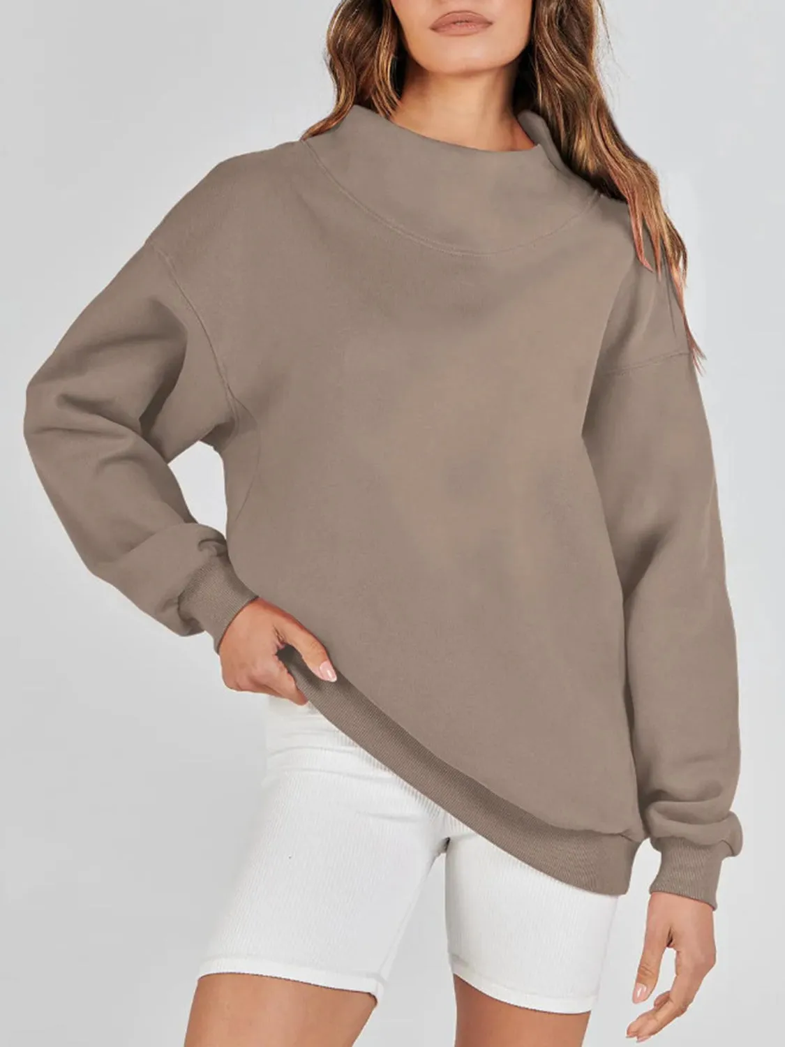 Blue Zone Planet |  Mock Neck Drop Shoulder Long Sleeve Sweatshirt