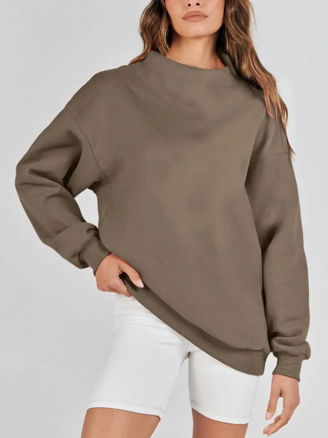 Blue Zone Planet |  Mock Neck Drop Shoulder Long Sleeve Sweatshirt