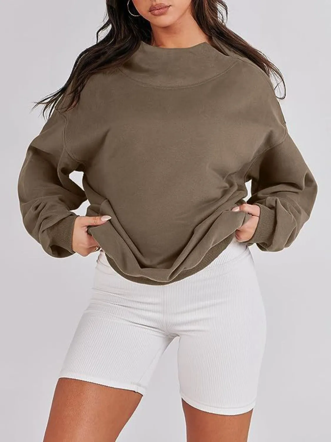 Blue Zone Planet |  Mock Neck Drop Shoulder Long Sleeve Sweatshirt