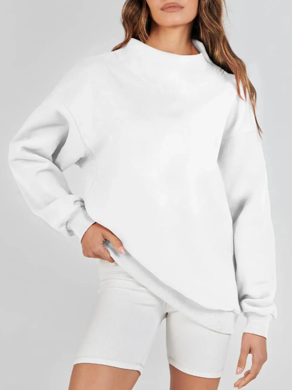 Blue Zone Planet |  Mock Neck Drop Shoulder Long Sleeve Sweatshirt