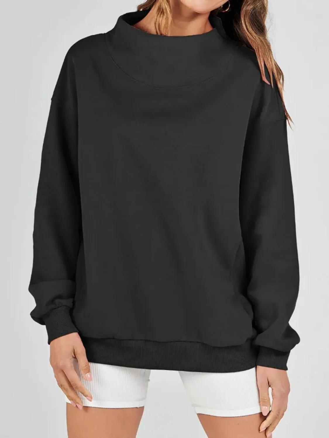 Blue Zone Planet |  Mock Neck Drop Shoulder Long Sleeve Sweatshirt