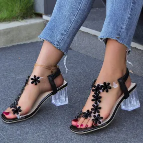 Daisy Flowers Transparent High Square Heels Sandals