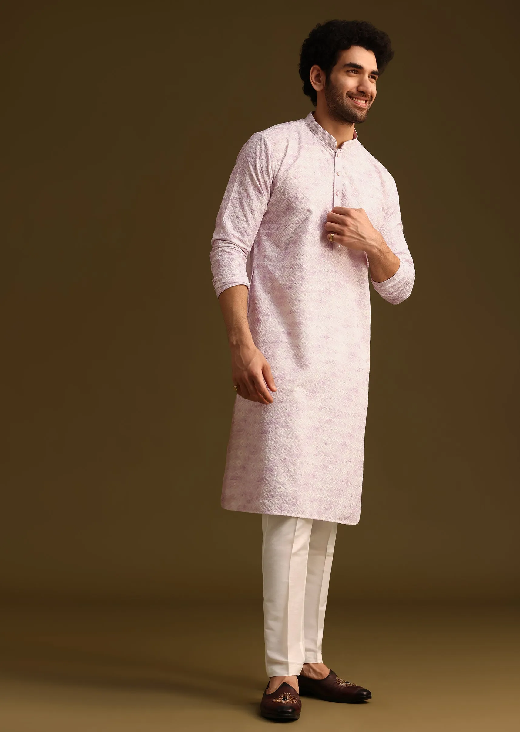 Lilac Silk Schiffli Work Kurta And Pant