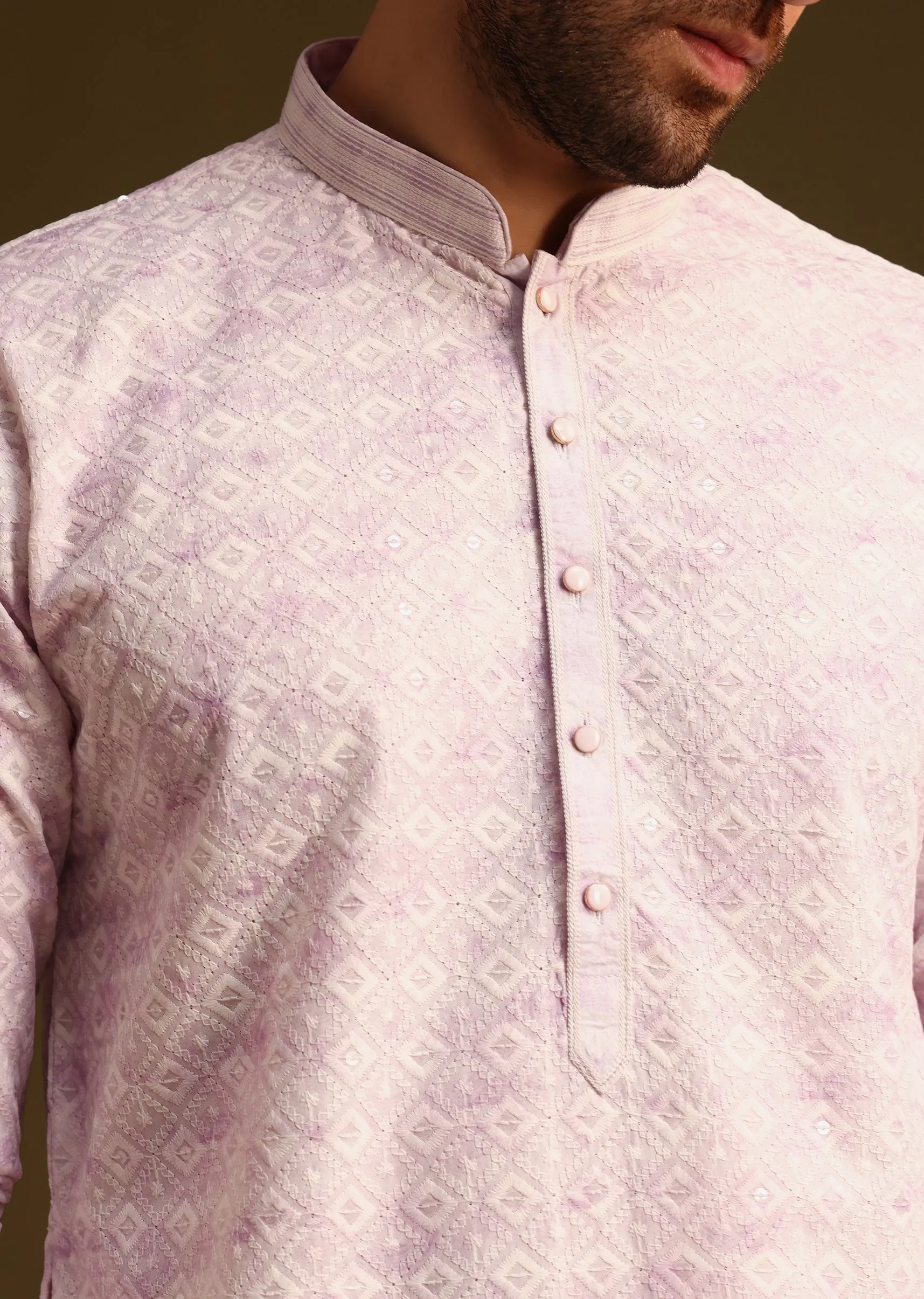 Lilac Silk Schiffli Work Kurta And Pant