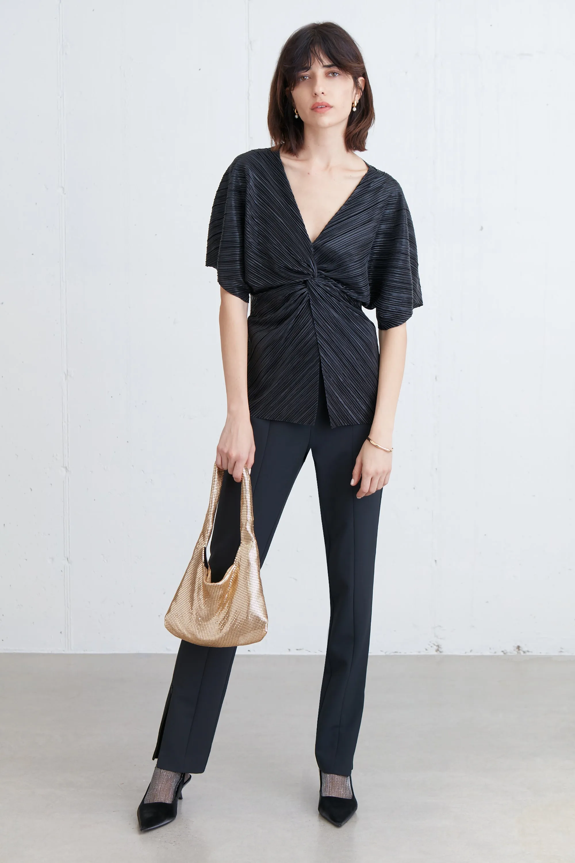 METALLIC PLEATED GATHERED FRONT TOP
