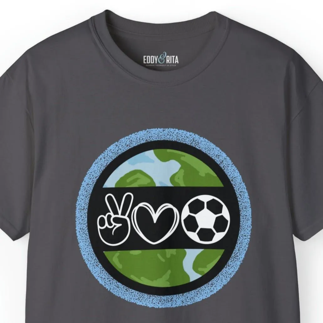 Peace, Love, and Soccer World Symbols Unisex Tee - Global Football Enthusiast Shirt