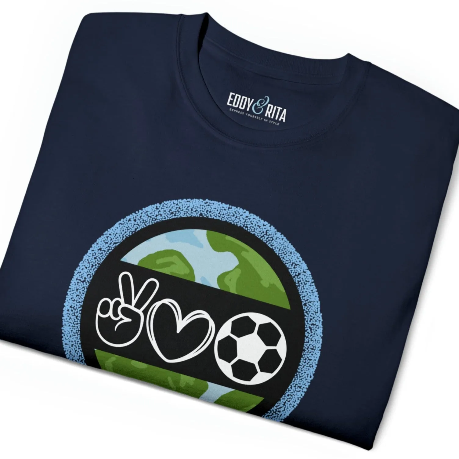 Peace, Love, and Soccer World Symbols Unisex Tee - Global Football Enthusiast Shirt