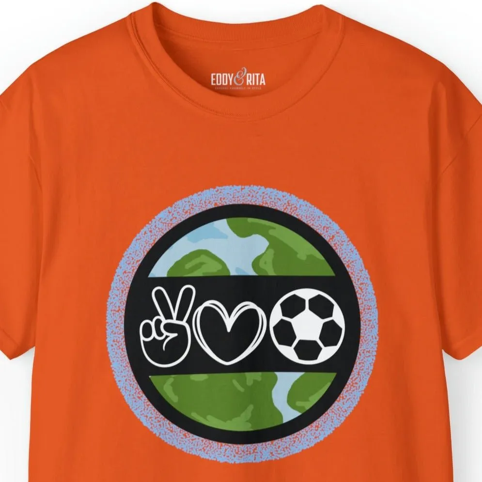 Peace, Love, and Soccer World Symbols Unisex Tee - Global Football Enthusiast Shirt