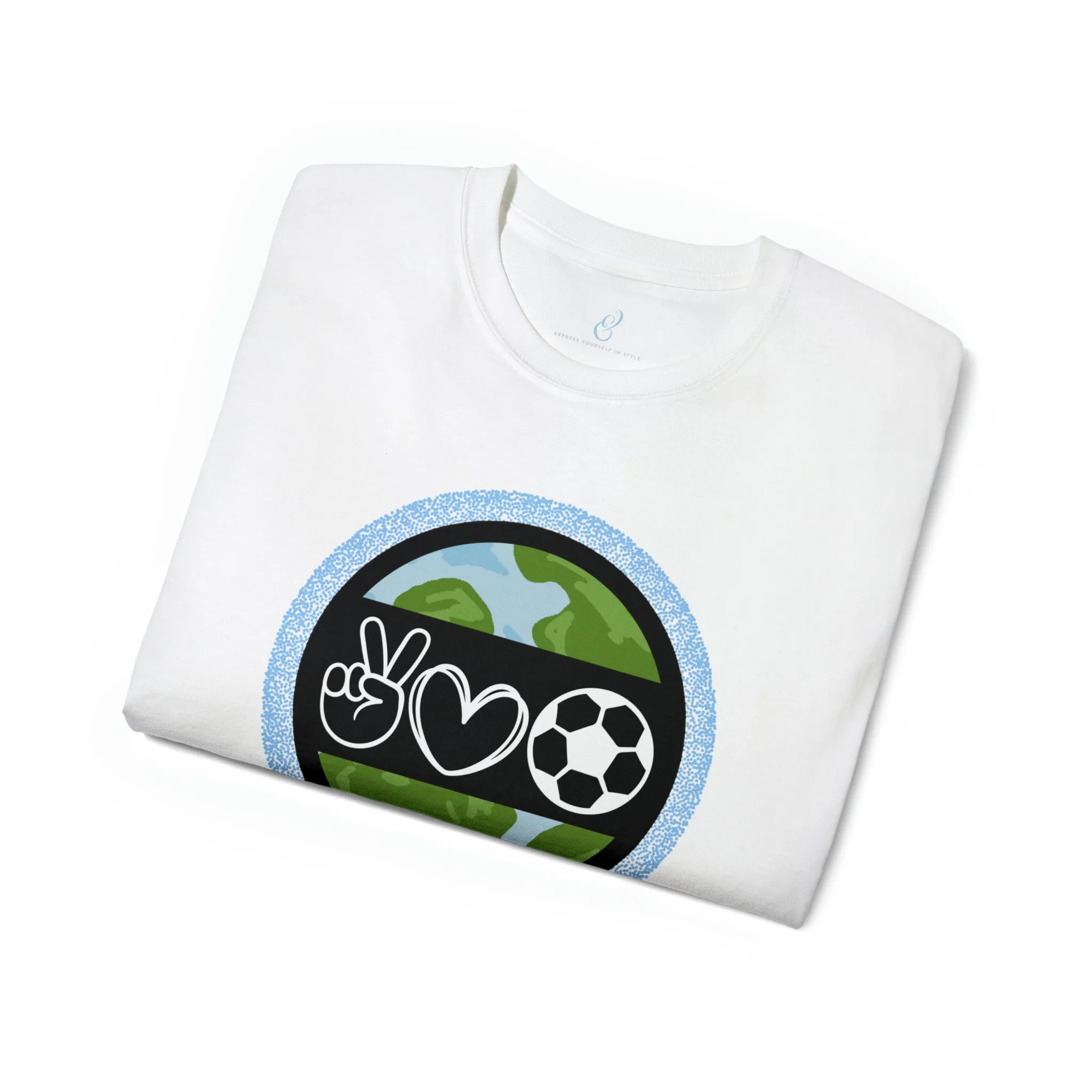 Peace, Love, and Soccer World Symbols Unisex Tee - Global Football Enthusiast Shirt