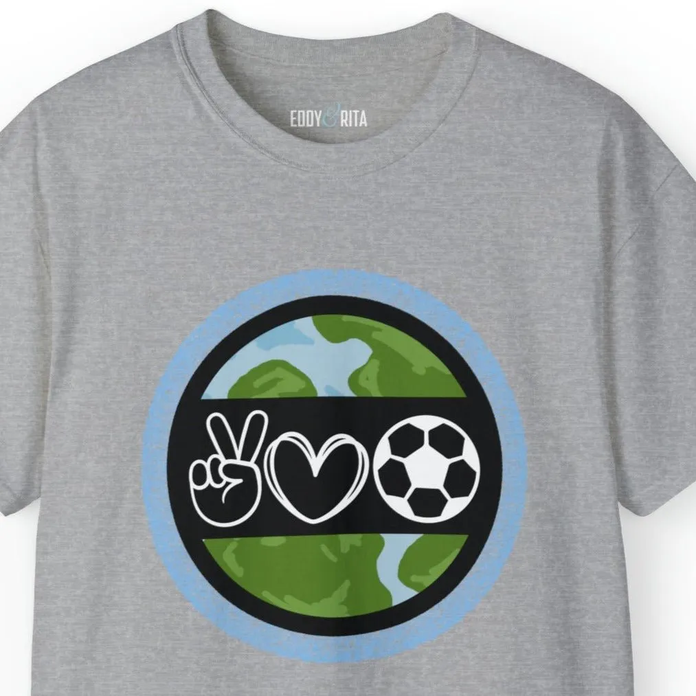 Peace, Love, and Soccer World Symbols Unisex Tee - Global Football Enthusiast Shirt