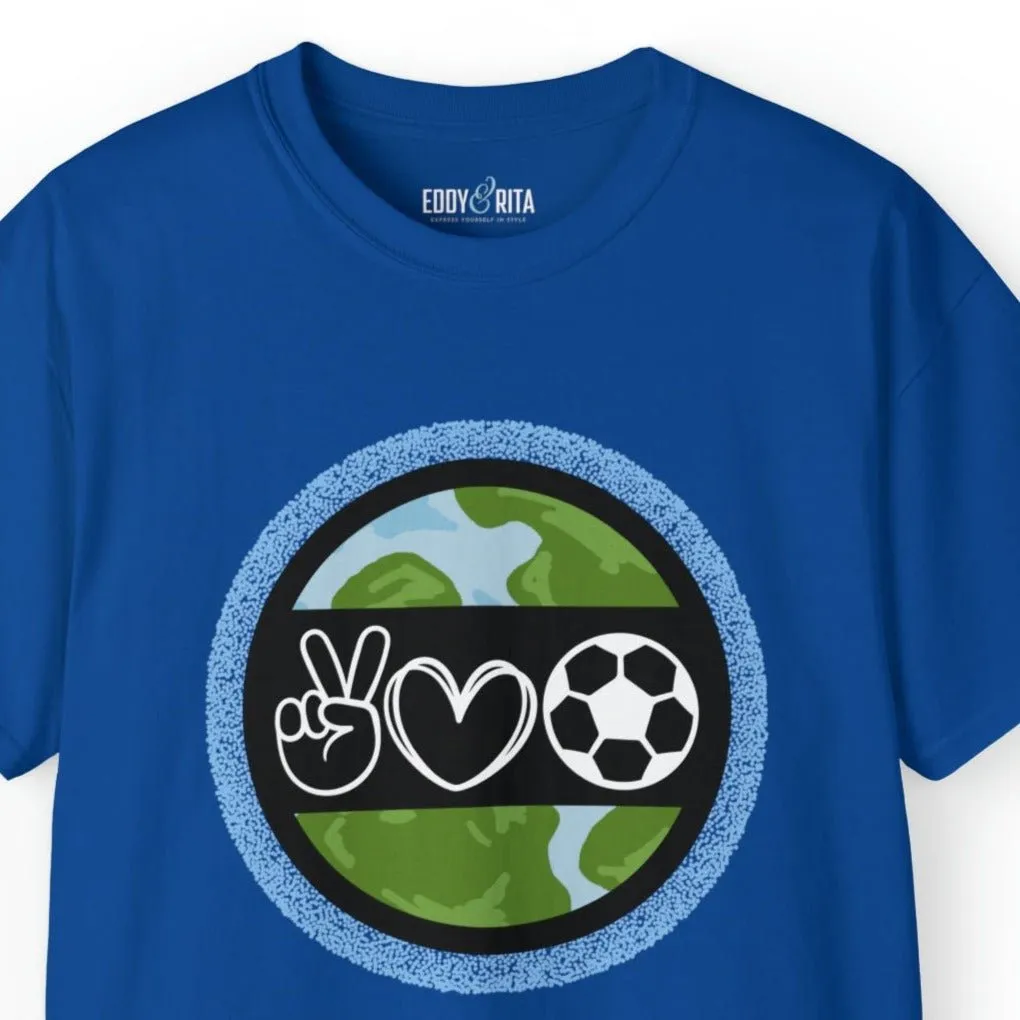 Peace, Love, and Soccer World Symbols Unisex Tee - Global Football Enthusiast Shirt