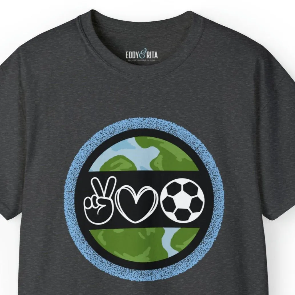 Peace, Love, and Soccer World Symbols Unisex Tee - Global Football Enthusiast Shirt