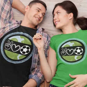 Peace, Love, and Soccer World Symbols Unisex Tee - Global Football Enthusiast Shirt