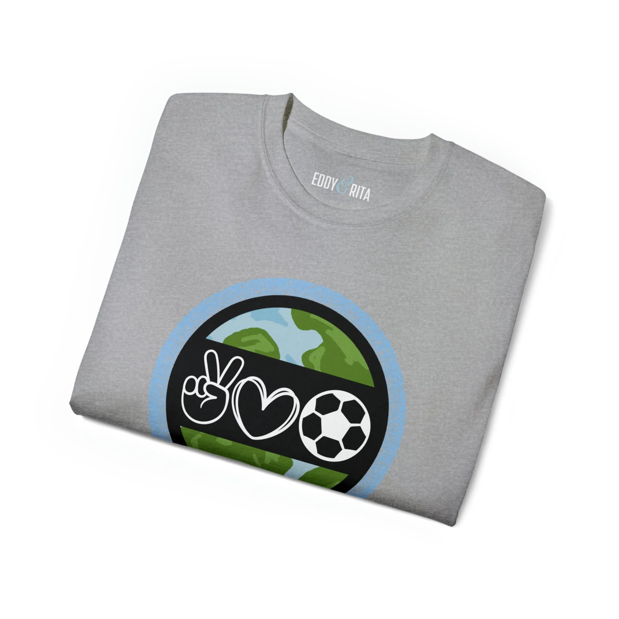 Peace, Love, and Soccer World Symbols Unisex Tee - Global Football Enthusiast Shirt